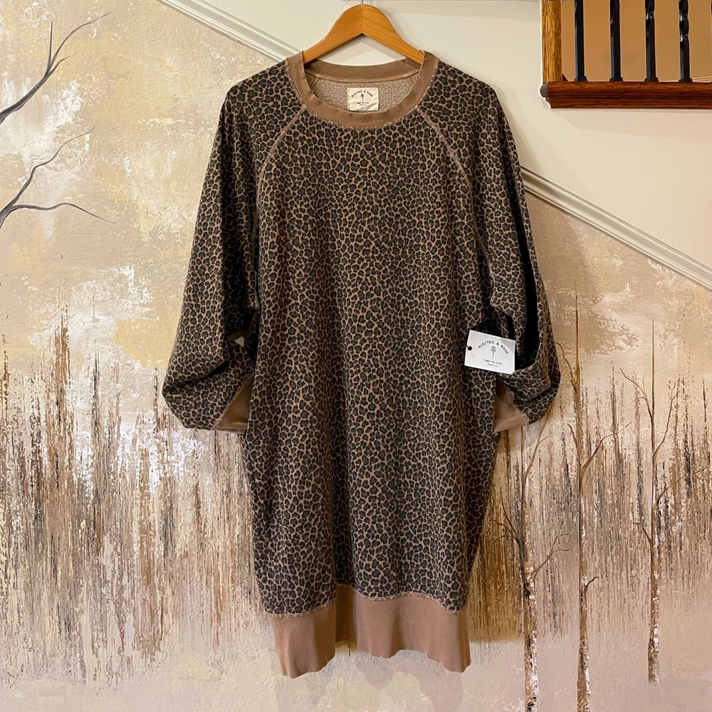 NEW Sz L Electric & Rose Sunday Sweatshirt Dress Leopard Tan